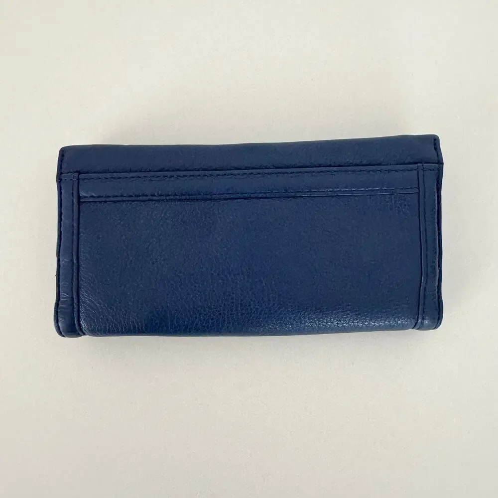 Tory Burch Amanda Envelope Continental Wallet Blue Pebble Leather Gold-Tone Logo